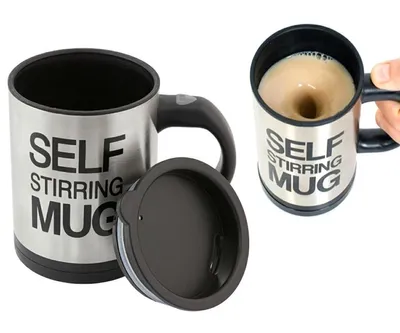 A self-stirring mug is shown with a lid next to it, and another mug is shown being used with liquid being stirred.
