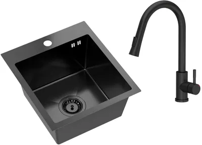 Immagine prodotto di VBChome Lavello in acciaio inox con rubinetto 40 x 45 cm Nero Lavello da incasso in acciaio inox con foro per rubinetto Lavello da cucina in acciaio inox Lavello Grande vasca Set di scarico Sifone Lavello in acciaio inox Nero con rubinetto