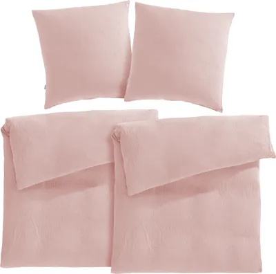 Produktbild von Pure Label Musselin Bettwäsche 155x220 4 teilig bestehend aus Bettbezug 155 x 220 cm 2er Set + Kissenbezug 80x80 cm 2er Set aus Baumwolle in rosa