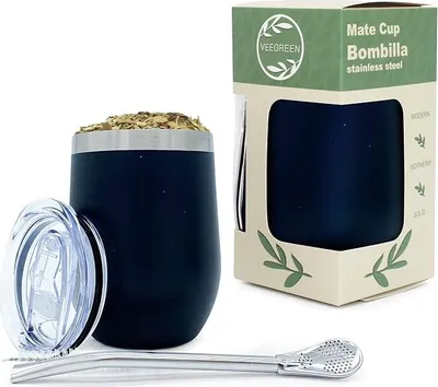 Produktbild von Calabash Yerba Mate Kit | Isolierbecher + traditioneller Strohhalm + Thermosdeckel | Ideale Flasche zum Trinken von heißem Mate | Doppelwandiger Edelstahl (Schwarz)