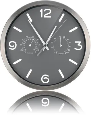 Image de Horloge murale Unyqoos® avec thermomètre et hygromètre, horloge radio DCF-77, silencieuse, cadre en acier inoxydable brossé, gris, diamètre 25 cm, pour la maison et le bureau