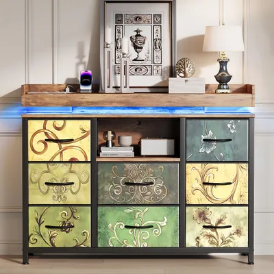 Produktbild von ProximaX Kommode mit 8 Schubladen, Vintage Muster, Ladestation & RGB-LED-Beleuchtung, Stoffschubladen, TV-Schrank für Wohnzimmer, 108x30x82cm, Braun-Grün