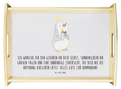 Produktbild von Mr. & Mrs. Panda serviertablett holz Pinguin Kommunion - Grau Pastell - Geschenk, kaffeetablett, tablett, Sonnenschein, Glauben, aus, Dankeschön, betttablett