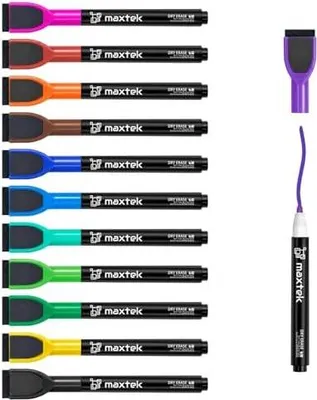 Produktbild von maxtek Magnetische Whiteboard Marker, 12 Farben Stifte abwischbar mit Radiergummi, Feinspitze 1–2 mm Linienbreite, Folienstifte für Zuhause, Schule & Büro (12 Stück)