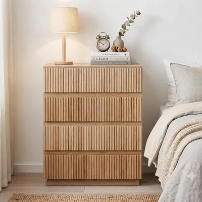 Image de Commode à 4 tiroirs ALIGHTUP, design à lamelles sans poignée, meuble de chambre, chêne, 60 x 38 x 78 cm