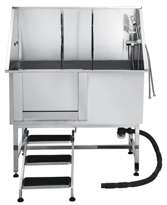 Produktbild von SucceBuy Hundewaschstation aus Edelstahl, 1270x700x1545 mm Pflegewanne mit Treppe, Wasserfilterplatte, Wasserhahn, Duschkopf & Seifenhalter, geeignet für Haustiere jeder Größe (linke Tür)