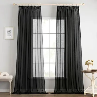 Produktbild von PolkaHome® Transparente Voile-Gardinen mit Kräuselband, 2er-Set, Schwarz, 140 x 260 cm, Scheibengardine für Wohnzimmer & Schlafzimmer