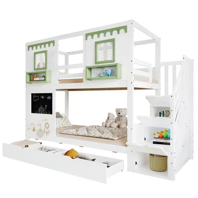 Produktbild von Etagenbett mit 2 Liegeflächen, Schubladen, Regal und Rausfallschutz, 90x200cm, Treppe mit Stauraum, Kinderbett, Jugendbett, Kiefer