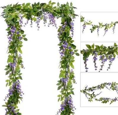 Image de Lot de 5 fleurs artificielles en soie, 2 m de long, bleu, rotin, pour la décoration d'intérieur, le jardin, les mariages en plein air, la décoration