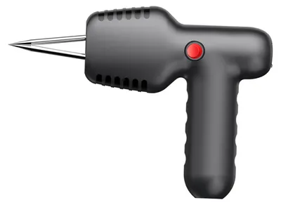 A black electric poultry plucking machine with a silver conical head and a red button is shown against a white background.