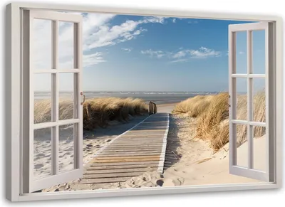 Produktbild von Leinwandbild fensterleiter zum strand 120x80 cm Feeby blau wandbild bereit zum aufhängen