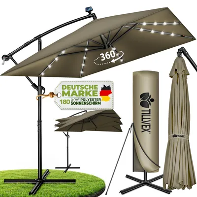 Immagine prodotto di tillvex® Ombrellone in alluminio rettangolare Ø 330 cm con LED solare marrone + copertura con manovella | Ombrellone a sbalzo con supporto e frangivento | Ombrellone da giardino protezione UV, impermeabile, ruotabile a 360° | Ombrellone a manovella da mercato, Immagine generata dall'IA