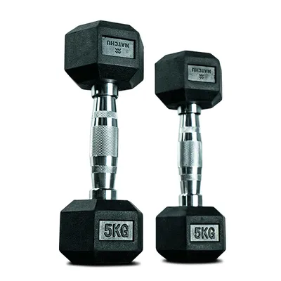 Produktbild von Matchu Sports Hantel Hexagon Set | 2 x 5 kg aus Gummi Ergonomische Verchromte Griffe | Dumbbell Set Kurzhantel Set Hanteln Kurzhanteln
