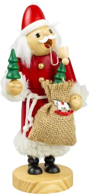 Räuchermännchen Frau Weihnachtsmann in roten Gewand und roter Mütze. Sie hält einen Sack.