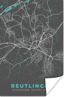 Produktbild von MuchoWow® Poster Stadtplan - Karte - Reutlingen - Blau - Deutschland - Karte 20x30 cm - Papierdruck