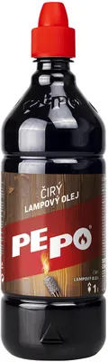 A bottle of PE-PO clear lamp oil with a red cap, set against a white background.