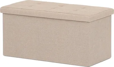 A beige storage ottoman is shown from a slightly elevated front-facing angle against a white background.