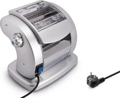 A silver electric pasta maker with a black power cord and plug, set against a white background.