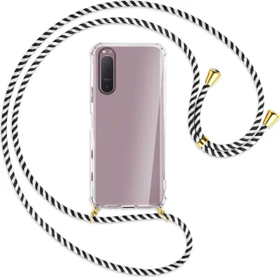 Produktbild von Handykette Backcover-Schutzhülle mit Band (Metall goldfarben) für Sony Xperia 5 II - schwarz/weiß gestreift