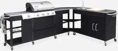 A black outdoor kitchen unit with a gas grill, sink, and storage cabinets, shown against a plain white background.