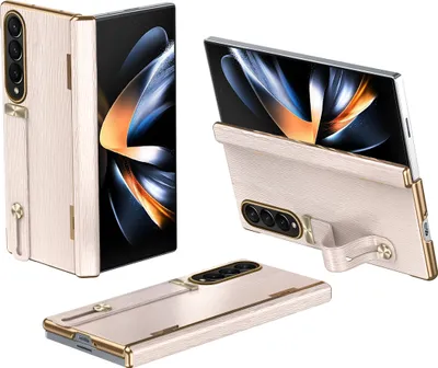 Produktbild von Handyhülle für Samsung Galaxy Z Fold 4 5G  Lederhülle mit Handschlaufe, Ständer, Scharnierschutz Pink