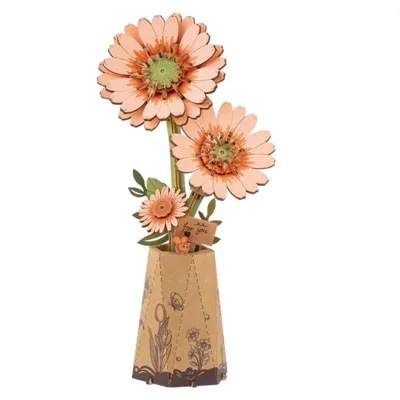 Image de Fleur Gerbera en bois 3D, couleur orange – Kit de construction de puzzle en bois pour adultes (DIY)