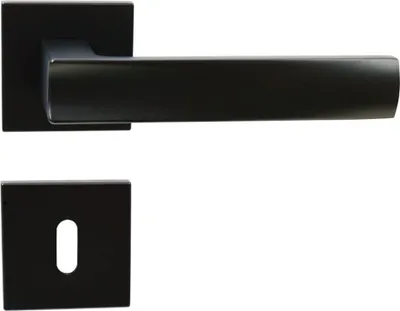 A black door handle set with a square escutcheon plate and a keyhole.