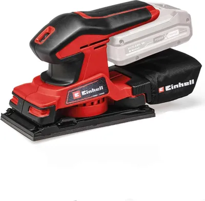A red and black power sander with a battery pack attached, shown from a three-quarter front angle against a white background.