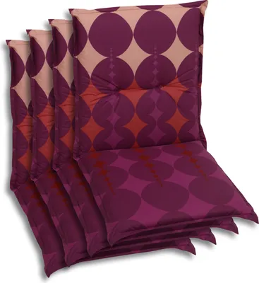 A set of four chair cushions with a geometric circle pattern.