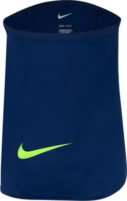 A navy blue Nike neck warmer with a neon green Nike swoosh logo.
