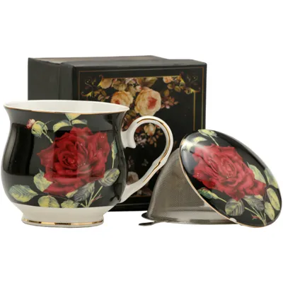 Produktbild von Tasse mit Teesieb „Retro-Rose“ – Keramik, Teesieb, 480 ml
