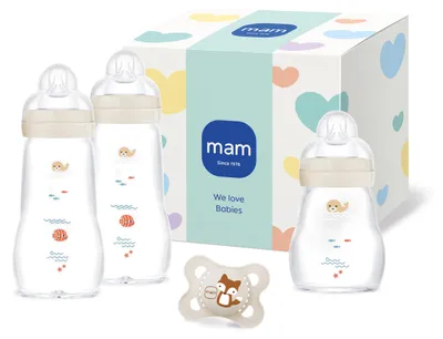 Produktbild von MAM Feel Good Glasflaschen-Set, 0+ Mon, 3 Flaschen & 1 Schnuller, beige – Beige/Robbe/Geschenk-Set