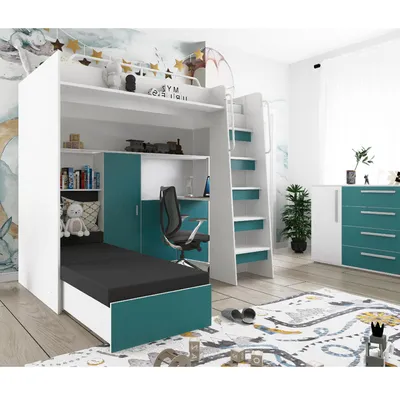 Produktbild von Marlux-Meble Hochbett JSM-7 90x200 TREPPE RECHTS mit Schreibtisch Schränke und Ausklappbares Sofa 70x180 Matt Funktionsbett Etagenbett Stockbett Kinderhochbett Jugendhochbett (Türkis Matt)
