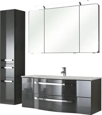 Produktbild von Pelipal Badmöbel-Set Xpressline 4005 BxHxT 157 x 200 x 49 cm Frontfarbe grau hochglanz mit Waschtisch Glas weiß und Wasc