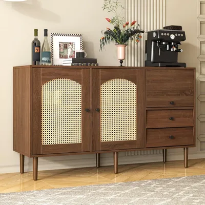 Immagine prodotto di Buffet in legno con 2 ante e 3 cassetti - Mobile contenitore con ripiano regolabile in altezza