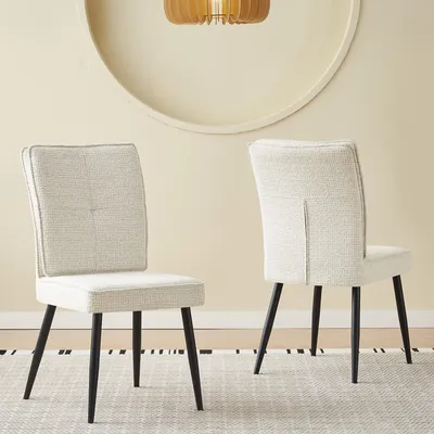 Productafbeelding van Set van 2 eetkamerstoelen, met metalen poten, bekleed met crèmekleurige velours met een haantjesmotief.