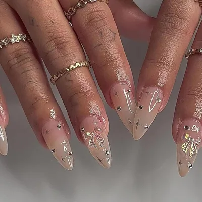 Image de 24 pièces d'amande ongles moyen French Bow Tie Kit ongles artificiels paillettes acryliques