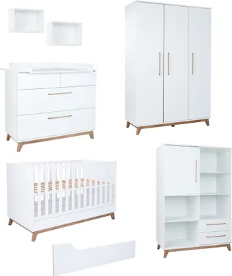 Produktbild von Babyzimmer Set Lina 6-tlg. Kleiderschrank, Wickelkommode, Babybett, Wandregal, Standregal, Umbauseiten