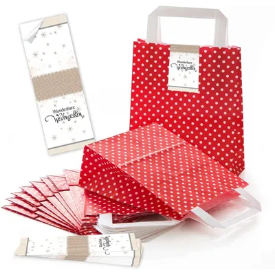 Produktbild von 5 rot weiß gepunktete Papiertüten HEILIGER NIKOLAUS Geschenk-tüten Weihnachtstüten Boden 18 x 8 x 22 cm kleine Papiertaschen + Aufkleber rot weiß Verpackung Weihnachten rot weiß beigeWunderbare Weihnachten gold, weiß / 50 Stück