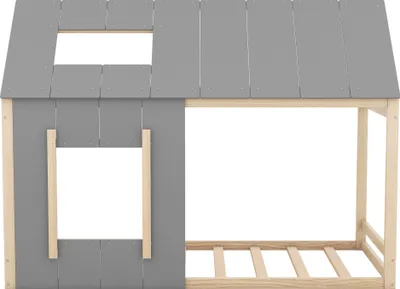 Produktbild von Flieks Kinderbett Hausbett 90x200cm mit Rausfallschutz, Bodenbett Holzbett Einzelbett Kinder, Spielbett mit Lattenrost, Naturbelassen