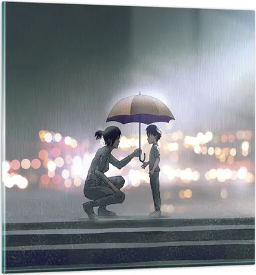 Produktbild von Bilder auf glas - Einteilig - Manga Regenschirm Hilfe - 70x70cm - Glasbilder - Wandbilder - Bilder - zum Aufhängen bereit - Wanddekoration aus Glas - Glas Bilder - Wandbild auf Glas - GAC70x70-4741