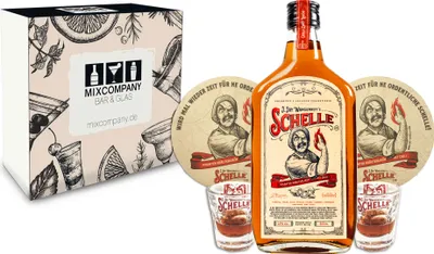 Produktbild von Die Schelle Geschenkset - Kräuterlikör 0,5L (33% Vol) + 2x Shot Glas + 2x Bierdeckel - Pikanter Kräuterlikör mit Chili