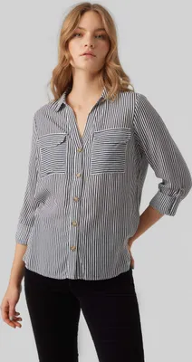 Zdjęcie produktu dla Luźna bluzka z kieszeniami na piersi Regular 3/4 Rękaw Stretch Top | M