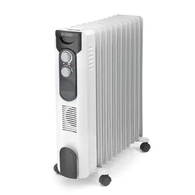 A white oil-filled radiator with a black control panel and wheels, shown against a white background.