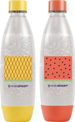 Two Sodastream bottles with fruit-themed labels.