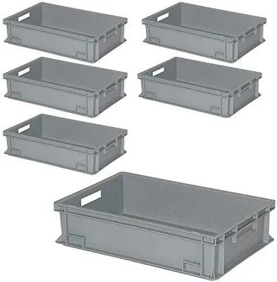 Produktbild von 6er Set Eurobehälter mit 2 Durchfassgriffen 600x400x150 mm, 27 Liter, grau