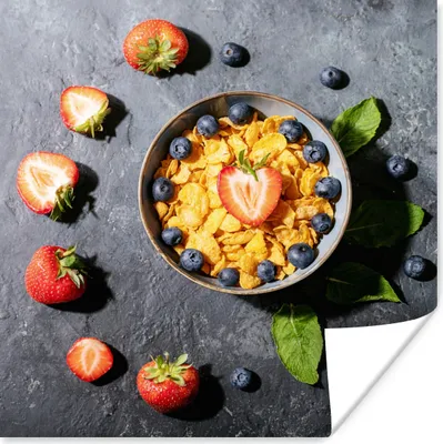 Produktbild von MuchoWow® Poster Erdbeere - Cornflakes - Beeren - Kräuter 100x100 cm - Babyzimmer