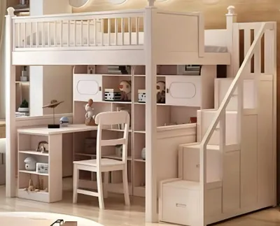 Productafbeelding van Stapelbed wit, van hout, met bureau. Dubbelbed, tienerbed, kinderbed