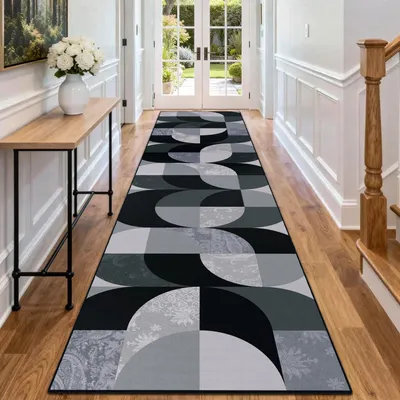 Boho-Läufer 80x300 cm, schwarz, waschbar, rutschfest, geometrisch
