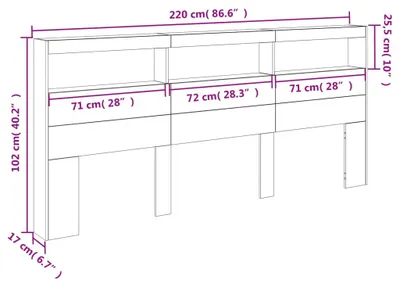 Imagen del producto de Cabecero LED con estantes, acabado Sonoma roble, 220 x 17 x 102 cm